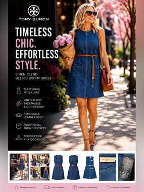 Tory Burch 100 % Linen Sleeveless Belted Denim Mini Dress in Blue
